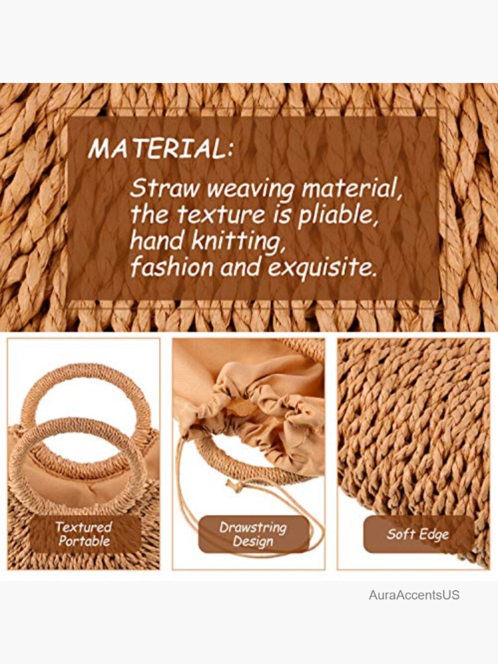 Straw Tote Bag Summer Beach Rattan Woven Handbag Travel Tote - Picture 5 of 7
